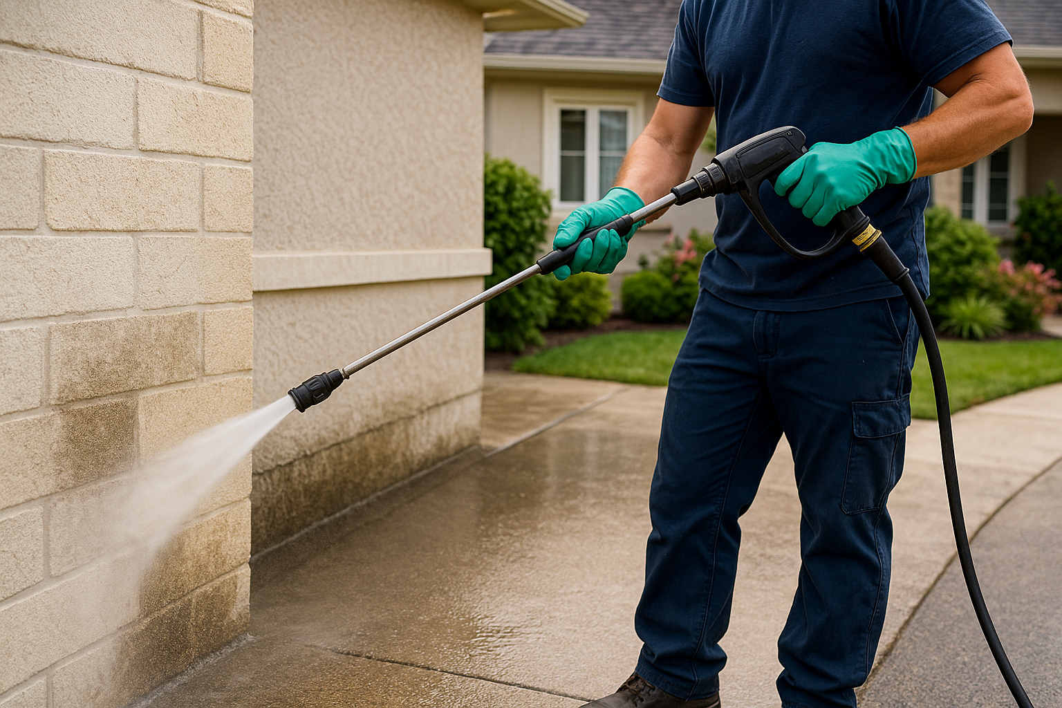 A man wearing yellow cleaning gloves, a white shirt, and a blue apron is cleaning a window with a spray bottle and a cloth. He is smiling and appears focused on the task. Indoor plants and a soft couch are visible in the background.
